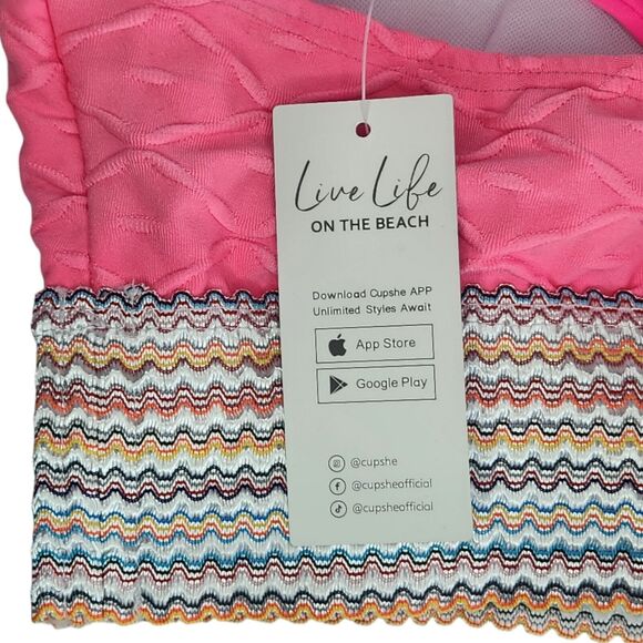 Cupshe Geo Stitch Scoop Bralette Bikini Top Swim Size Large Bright Pink NWT - Picture 4 of 9